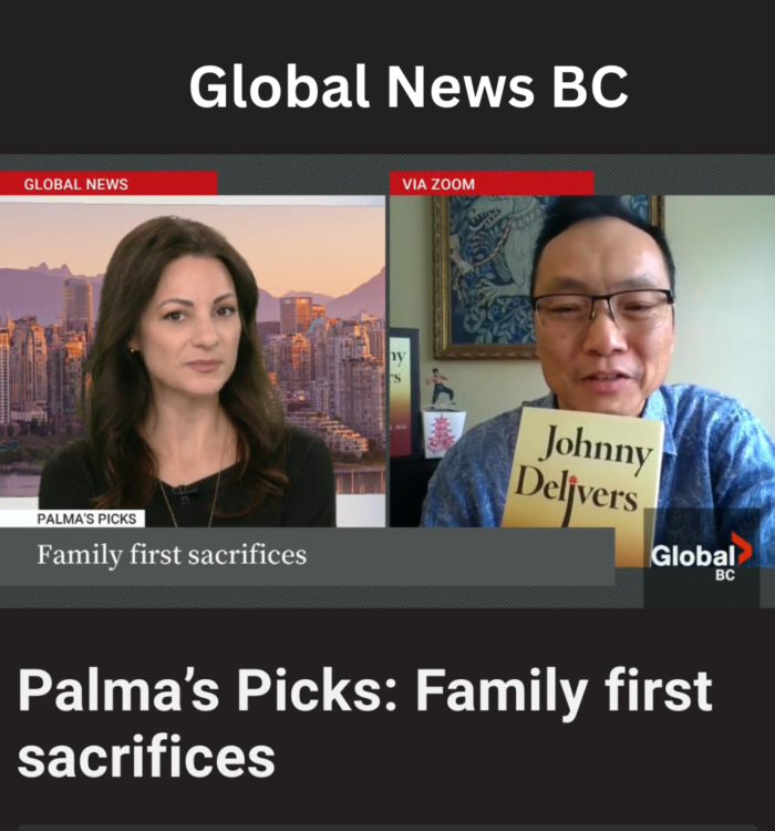 Split screen of Wayne Ng and cover of novel JOHNNY DELIVERS with Global News BC anchor Jennifer Palma