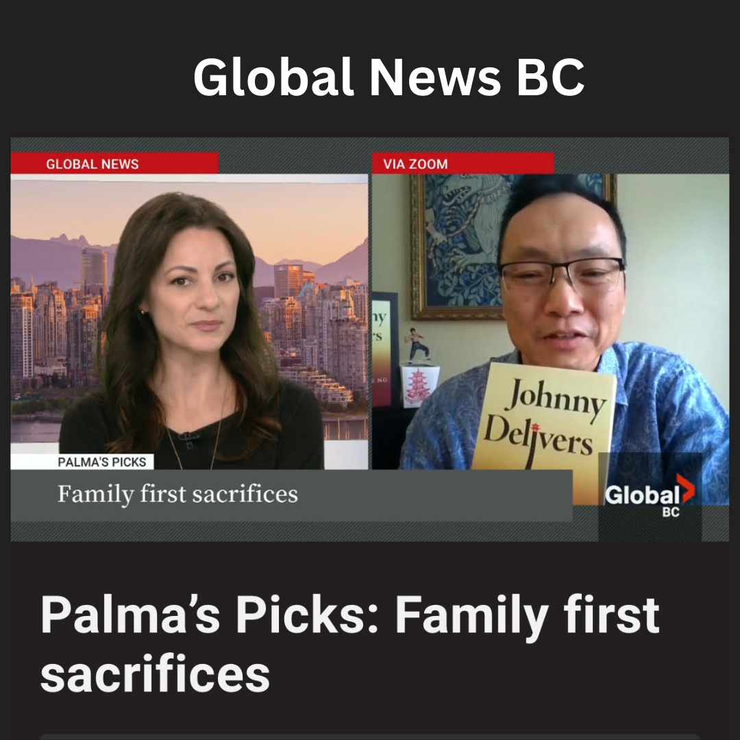 Split screen of Wayne Ng and cover of novel JOHNNY DELIVERS with Global News BC anchor Jennifer Palma