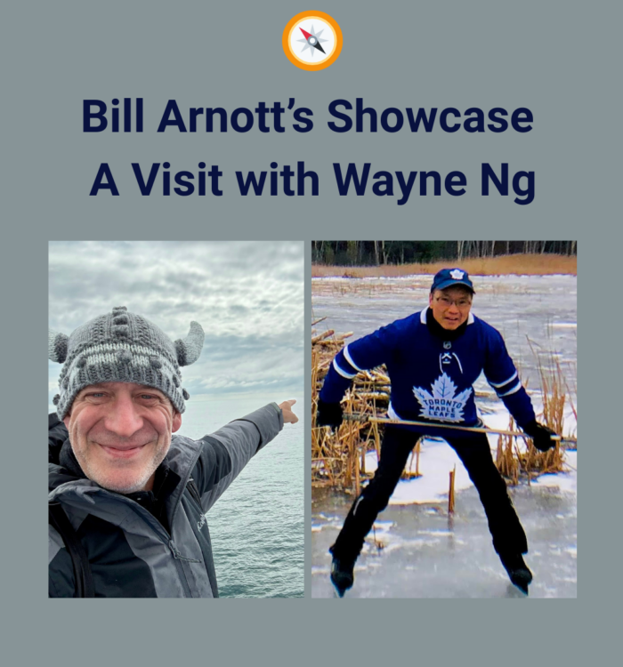 Bill Arnott's Showcase: A Visit with Wayne Ng. Photo of Bill in viking hat on the water and a photo of Wayne in Toronto Maple Leafs sweater and hat on the ice.